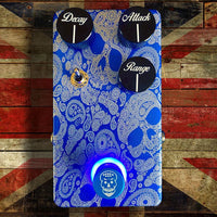 Top view of Flattley Bass Filtron Bass Envelope Filter Pedal with Union Jack background
