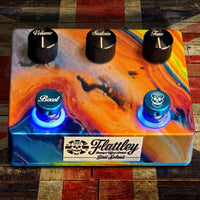 Top view of Flattley Bass Solaris Bass Fuzz with Boost Pedal with Union Jack background