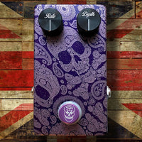 Top view of Flattley Bass Star Fazer Bass Phaser Pedal with Union Jack background