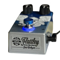 Front view of Flattley Bass Valkyrie Bass Vintage Chorus Pedal with power cable attached on white background