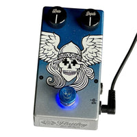 Top view of Flattley Bass Valkyrie Bass Vintage Chorus Pedal with power cable attached on white background