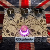 Top view of Flattley Centurion Transparent Overdrive Pedal on Union Jack background