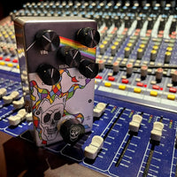 Top view of Flattley Crazy Diamond Vibe Pedal placed on mixing console