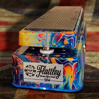 Front view of Flattley Oil Slick The Flattley Wah Pedal on Union Jack surface