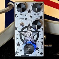 Top view of Flattley Plexstar Plexi Drive Pedal with Union Jack guitar background