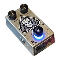 Angled top view of Flattley The Ace Tone Boost Pedal on white background