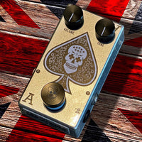 Angled top view of Flattley The Ace Tone Boost Pedal on Union Jack background