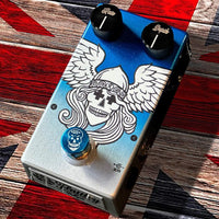 Angled top view of Flattley Valkyrie Vintage Chorus Pedal with Union Jack background