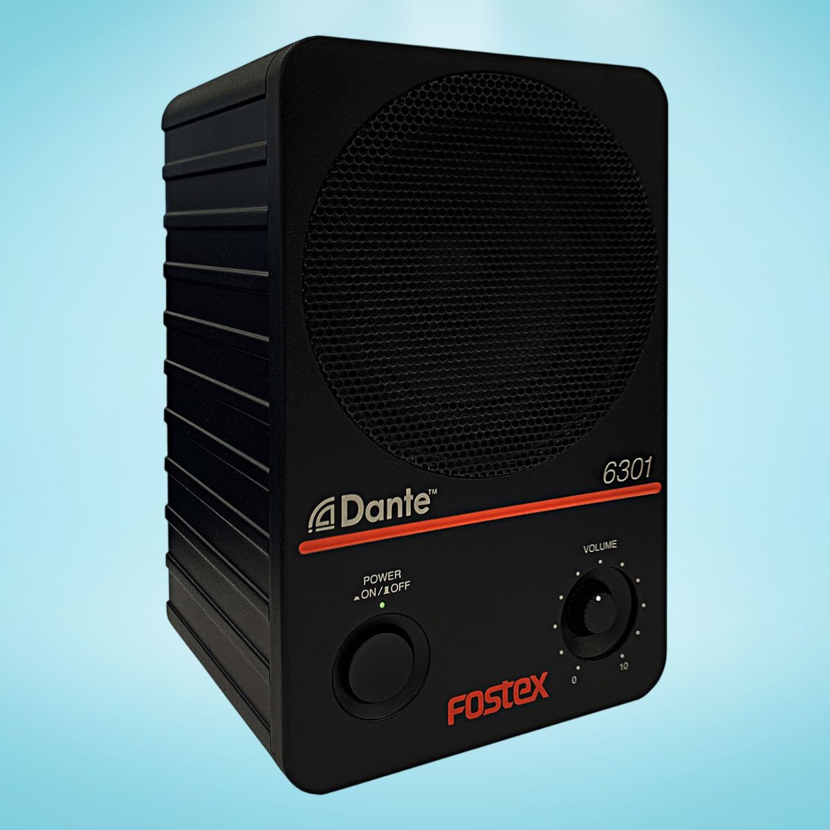 Angled view of Fostex 6301DT 4" Active Speaker on blue background