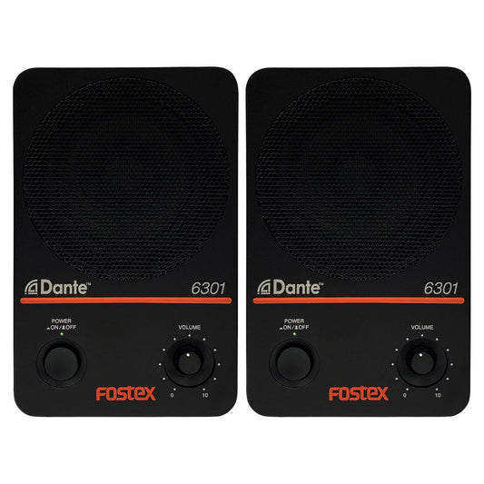 Front view of Fostex 6301DT 4" Active Speaker Pair on white background