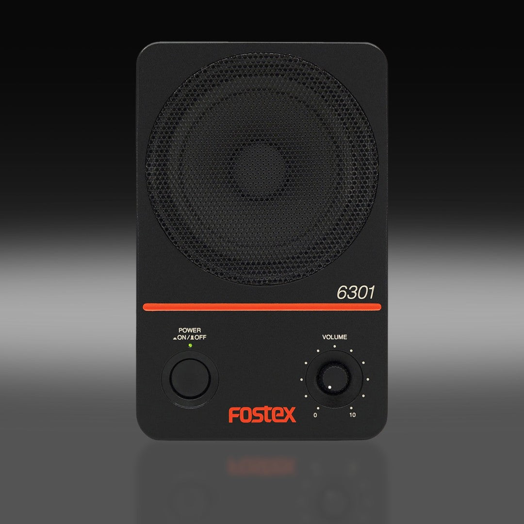 Front view of Fostex 6301NB 4" Active Speaker on black and grey background