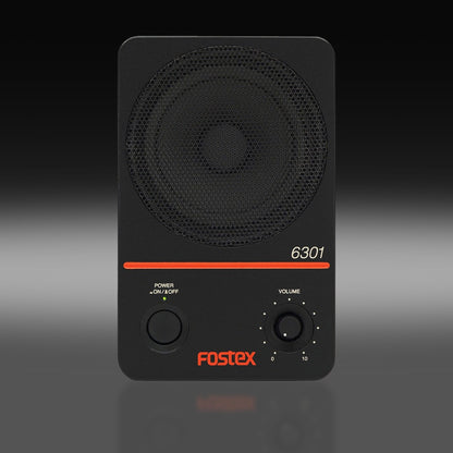 Front view of Fostex 6301NB 4" Active Speaker on black and grey background
