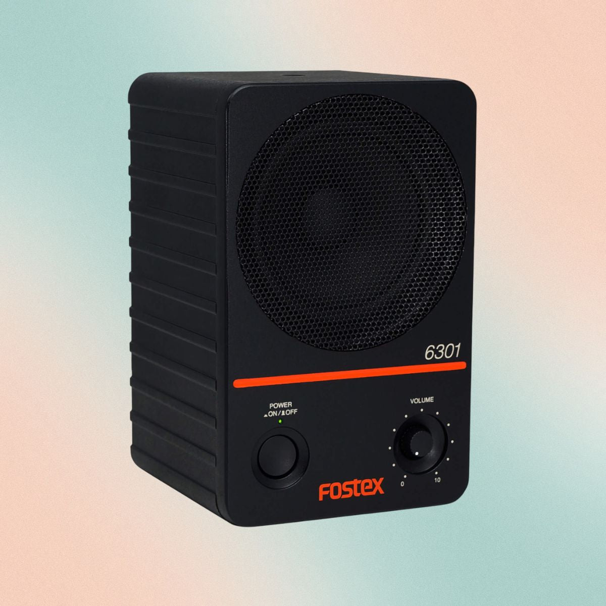 Angled view of Fostex 6301ND 4" Active Speaker on green and orange background