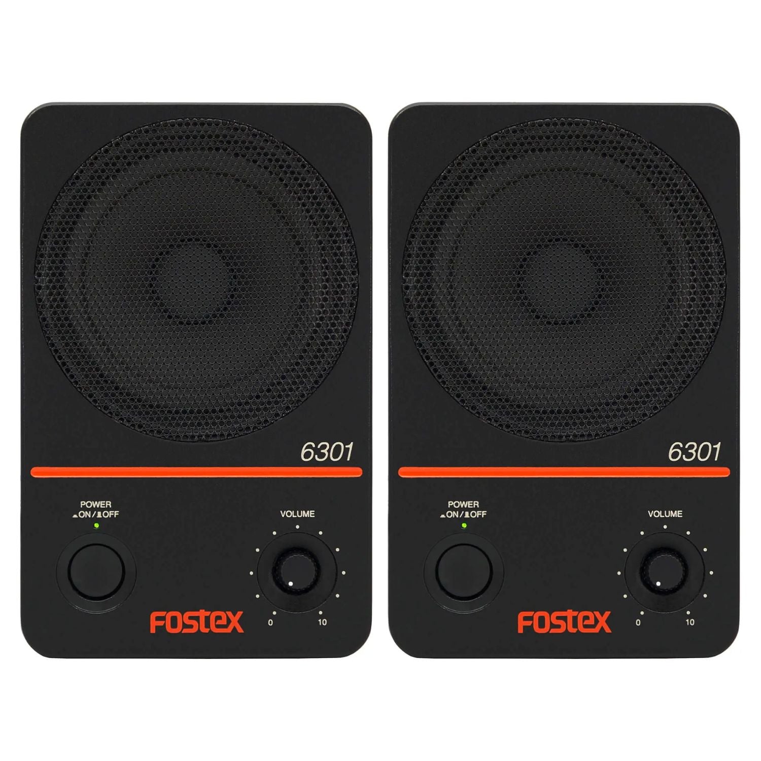 Front view of Fostex 6301ND 4" Active Speaker Pair on white background