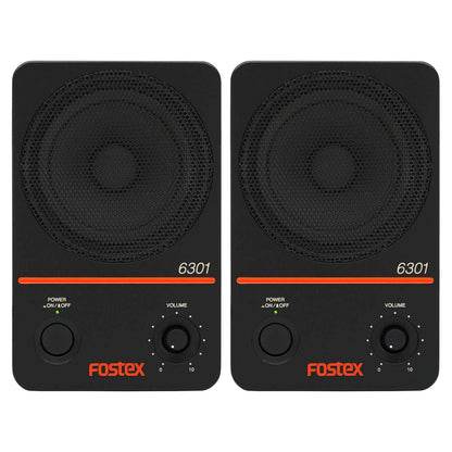 Front view of Fostex 6301ND 4" Active Speaker Pair on white background