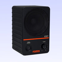 Angled view of Fostex 6301NE 4" Active Speaker on purple background