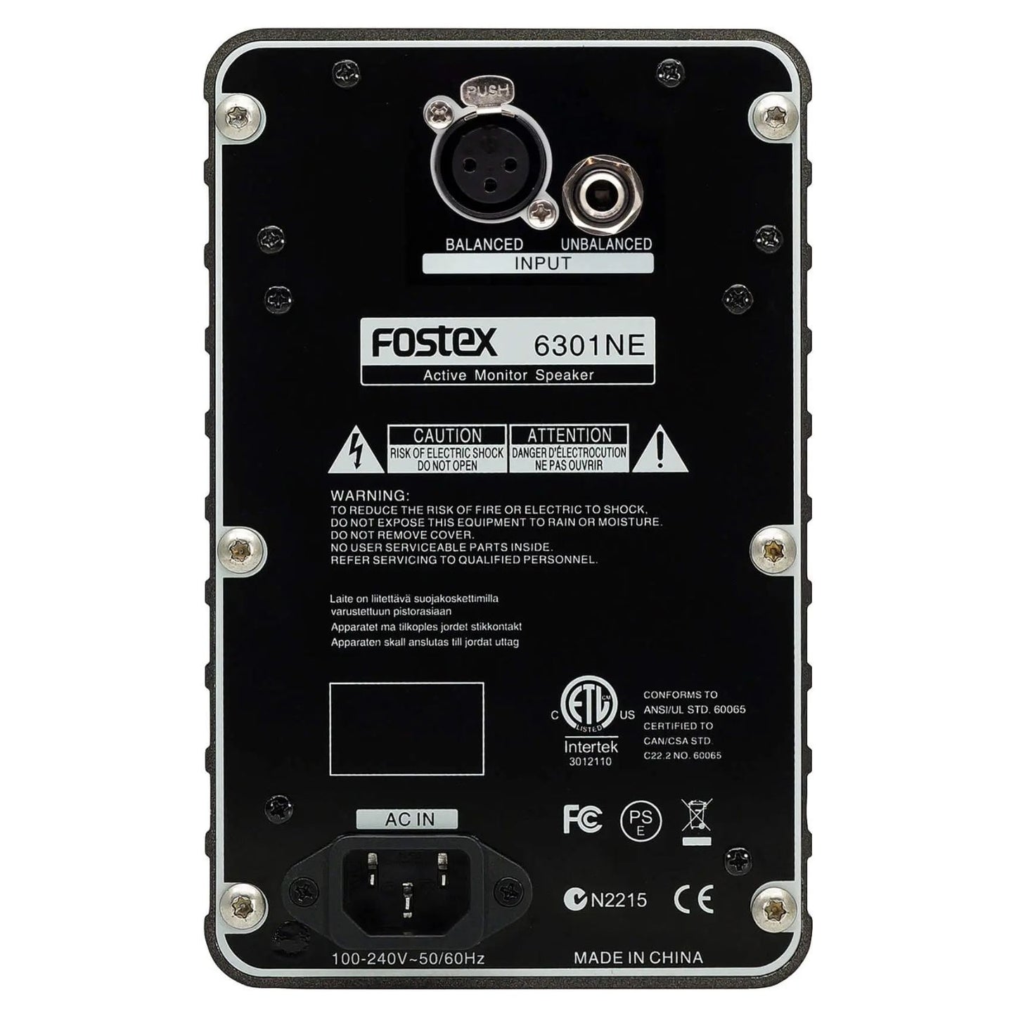 Rear ports view of Fostex 6301NE 4" Active Speaker on white background