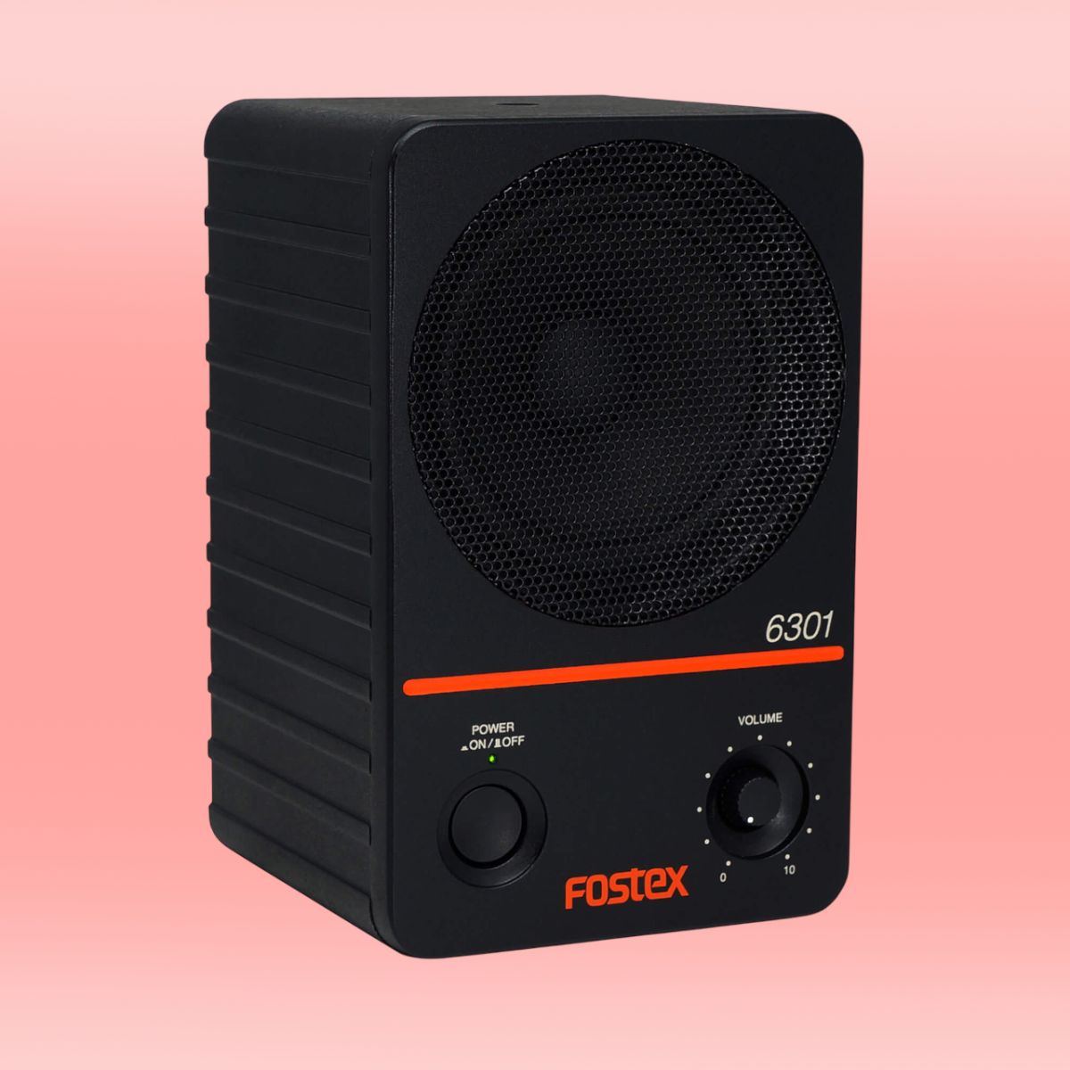 Angled view of Fostex 6301NX 4" Active Speaker on pink background