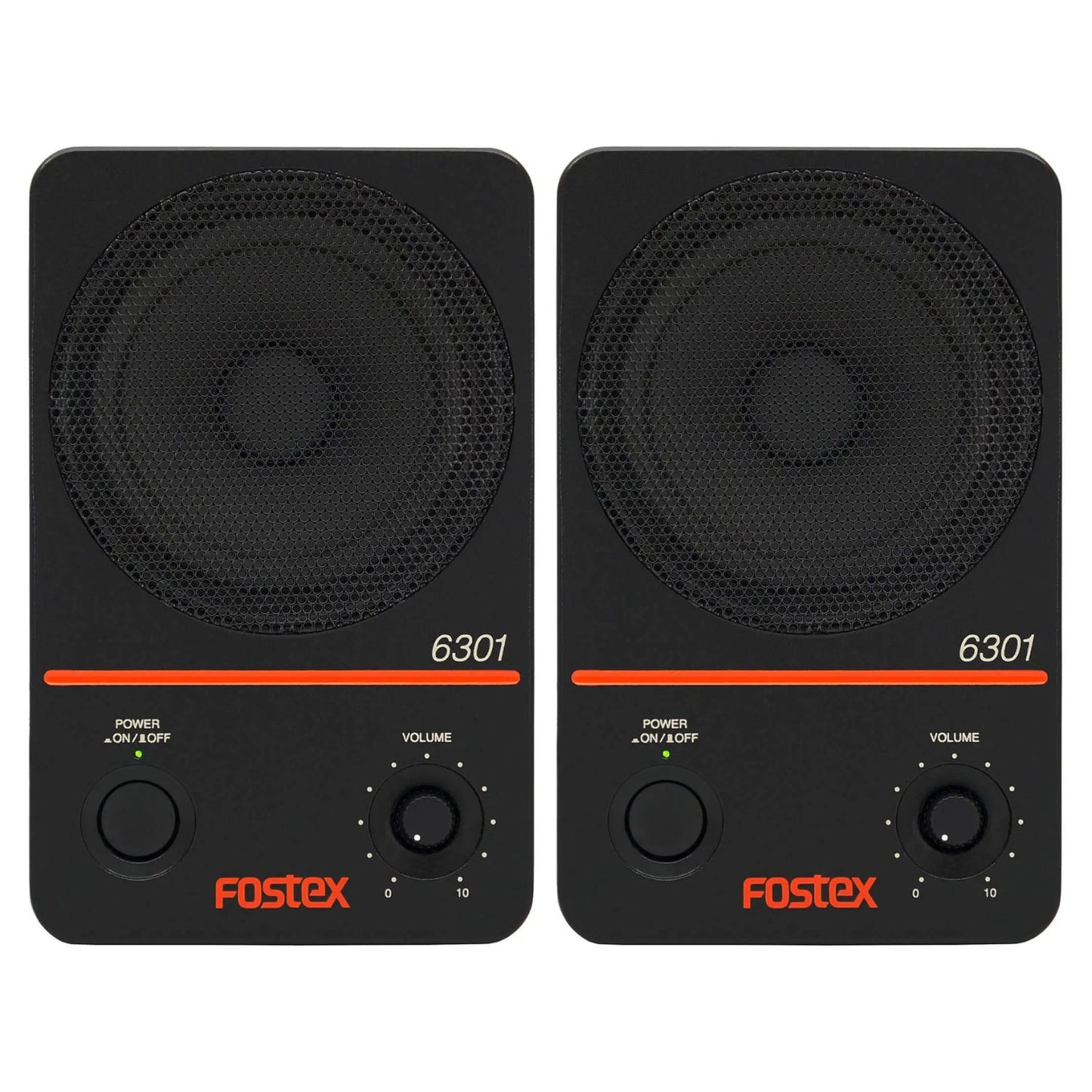 Front view of Fostex 6301NX 4" Active Speaker Pair on white background