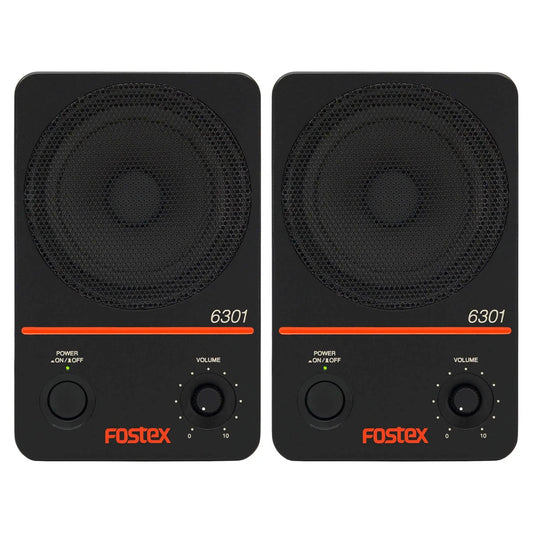 Front view of Fostex 6301NX 4" Active Speaker Pair on white background