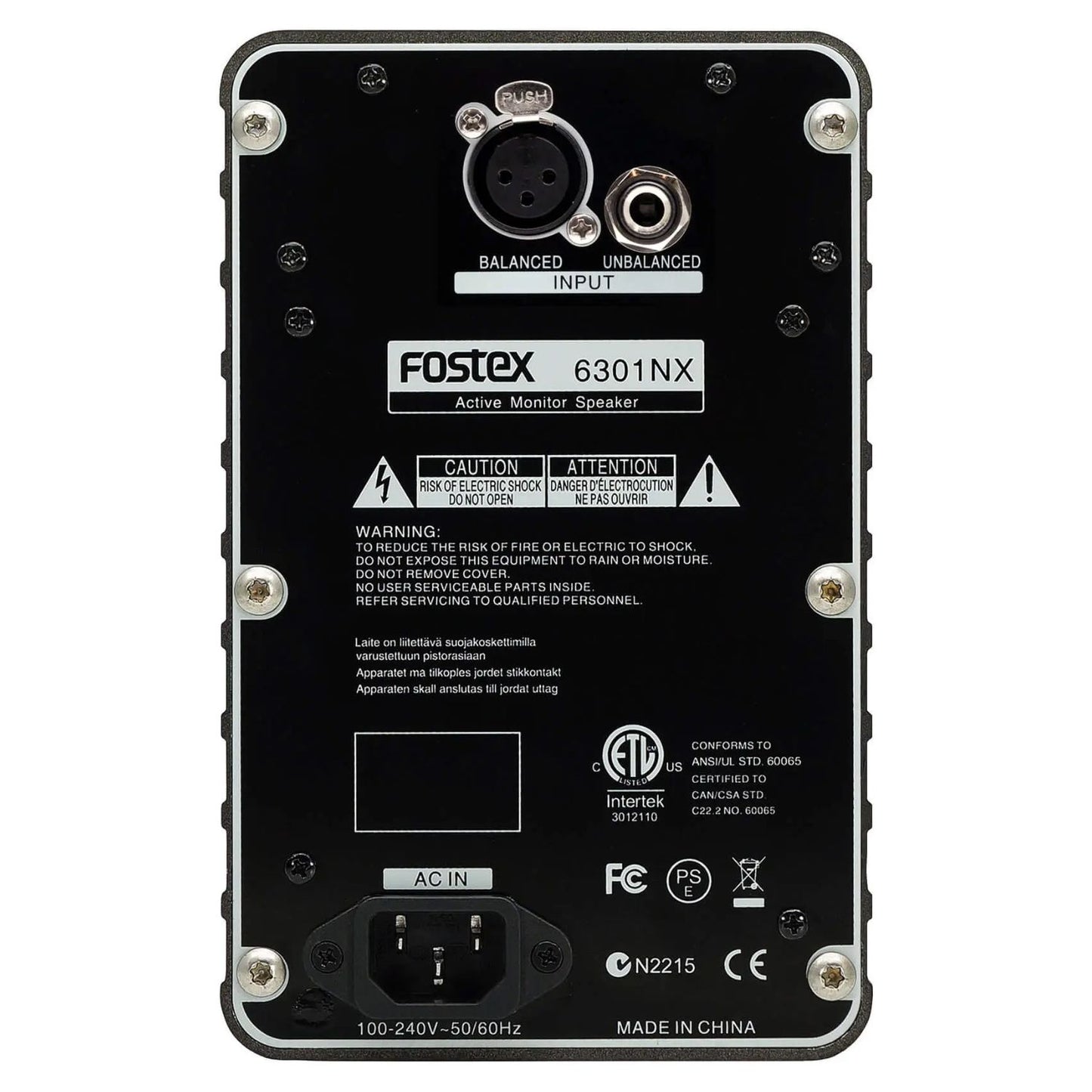 Rear view of Fostex 6301NX 4" Active Speaker on white background