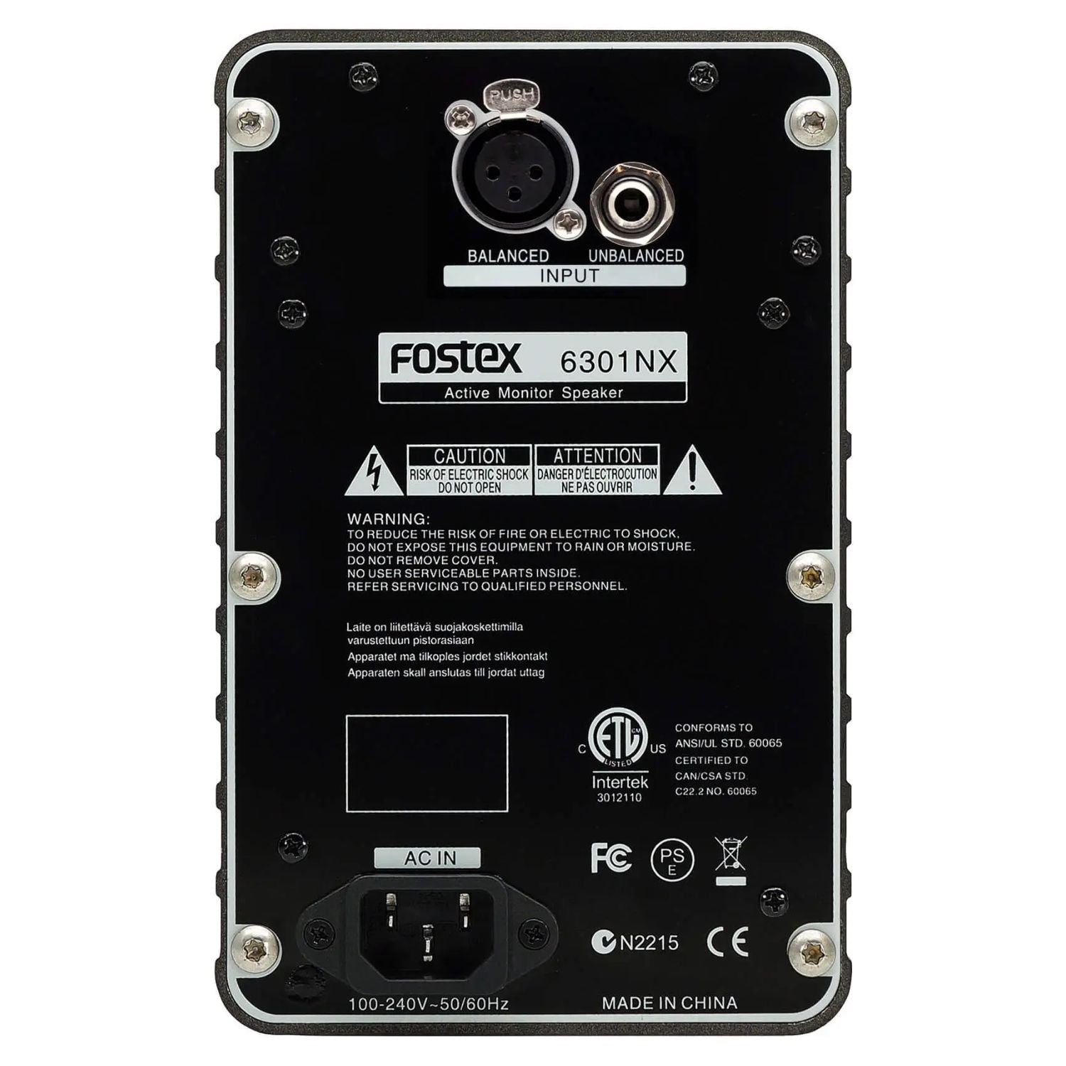 Rear view of Fostex 6301NX 4" Active Speaker on white background