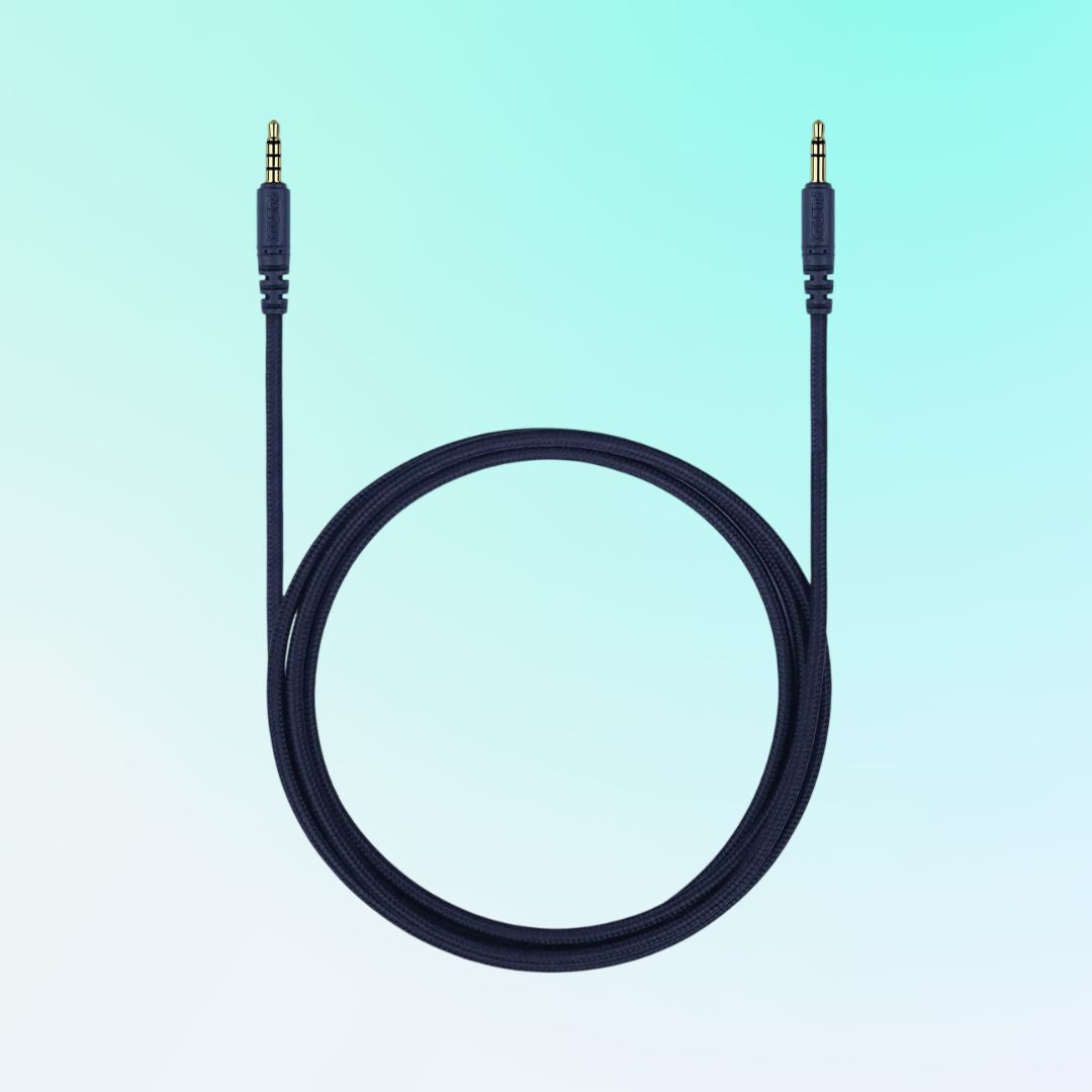 Coiled view of Fostex ET-RP3.5UB 3.5mm 3-Pole Unbalanced Cable on blue background