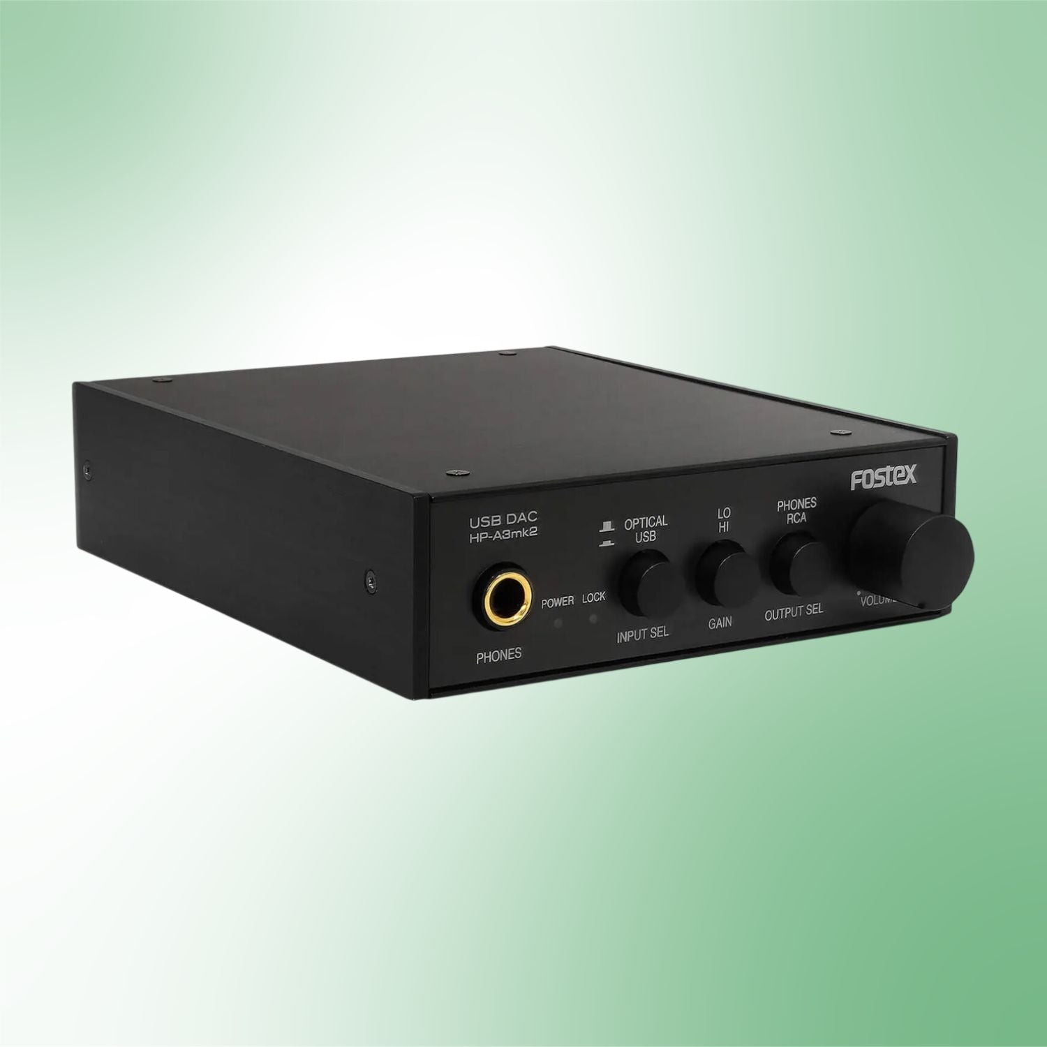 Angled front view of Fostex HP-A3mk2 USB DAC on green background