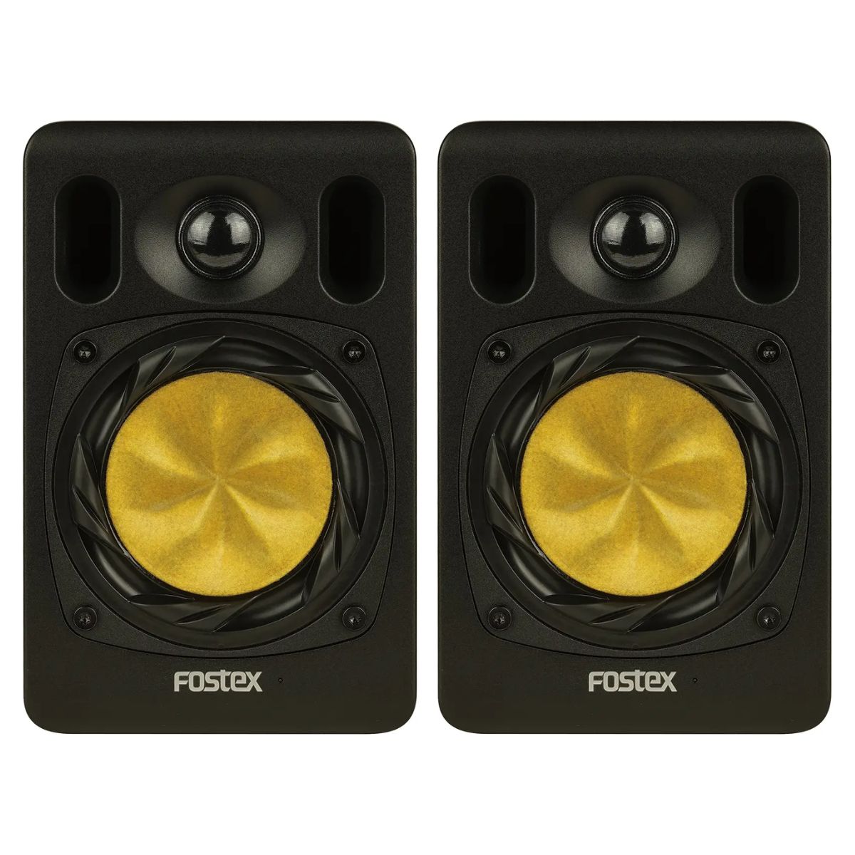 Front view of Fostex NF04R 4" Active Speaker Pair on white background