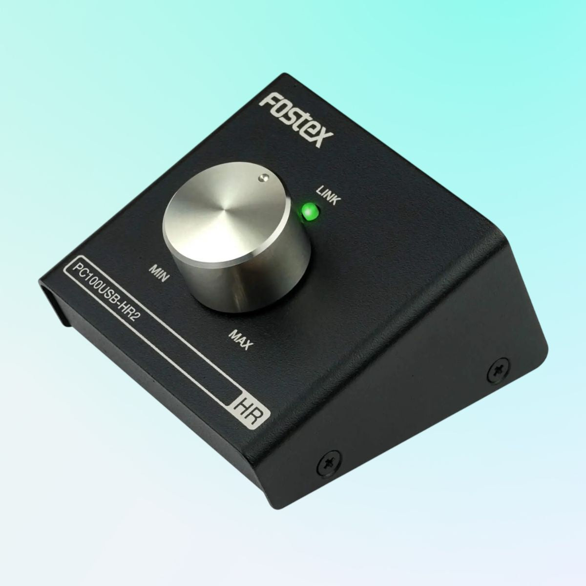 Angled view of Fostex PC100USB-HR2 Volume Controller on blue background