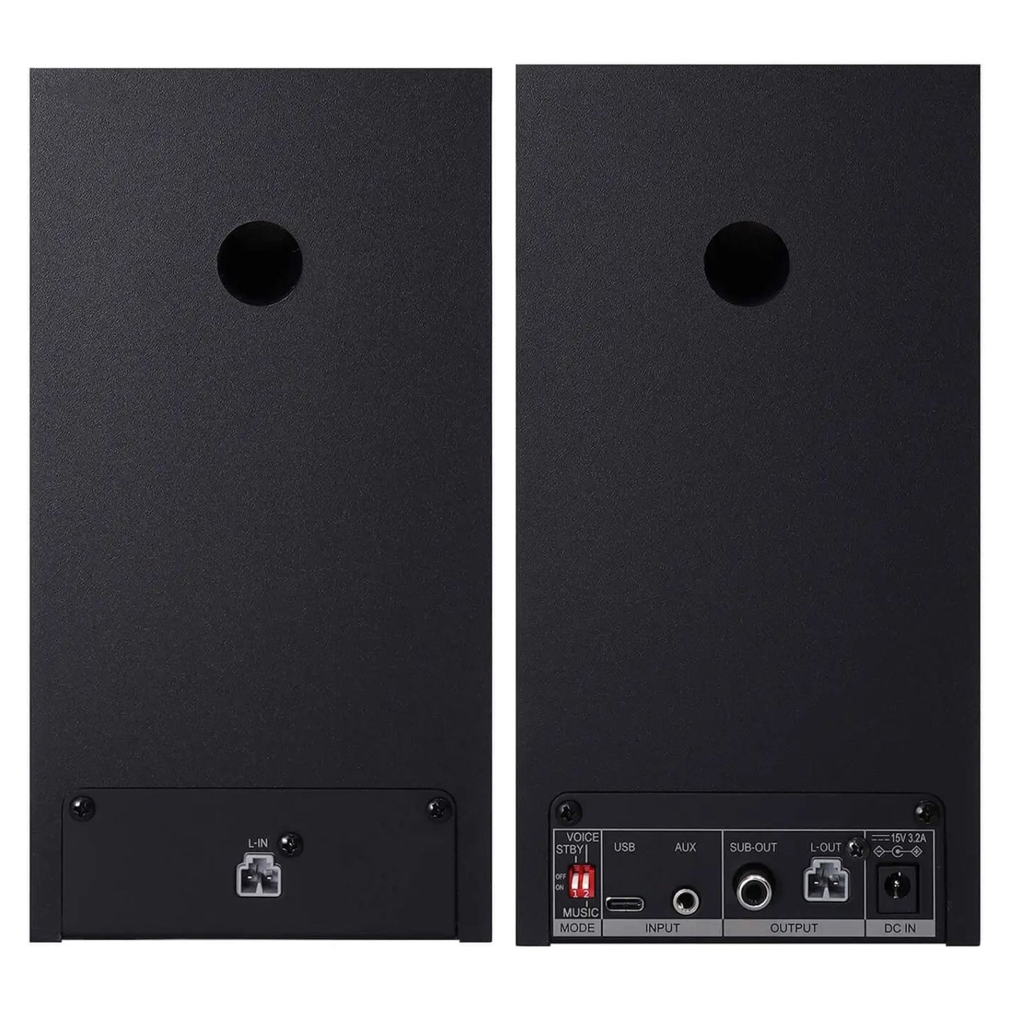 Rear ports view of Fostex PM0.3BD 3" Active Speakers with Bluetooth and USB-DAC on white background