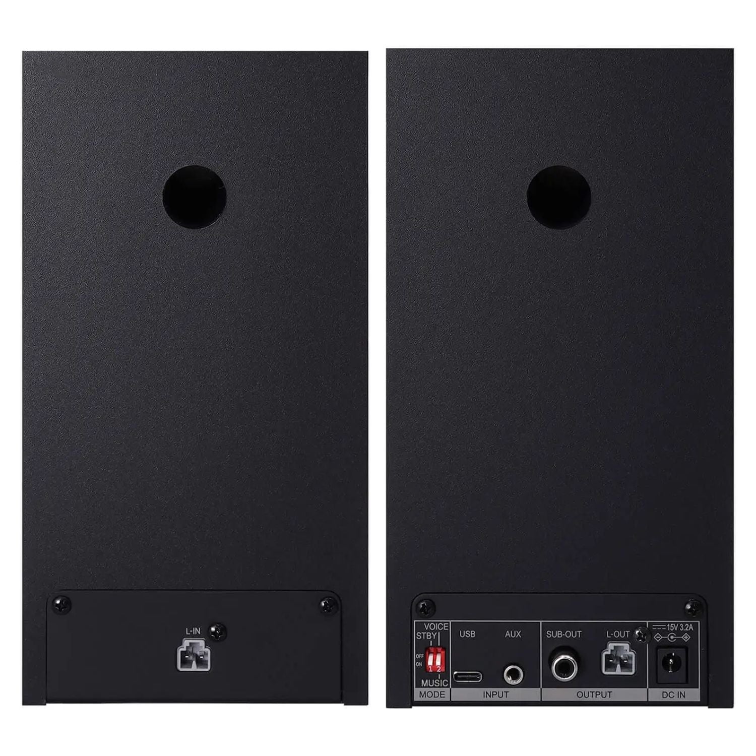 Rear ports view of Fostex PM0.3BD 3" Active Speakers with Bluetooth and USB-DAC on white background