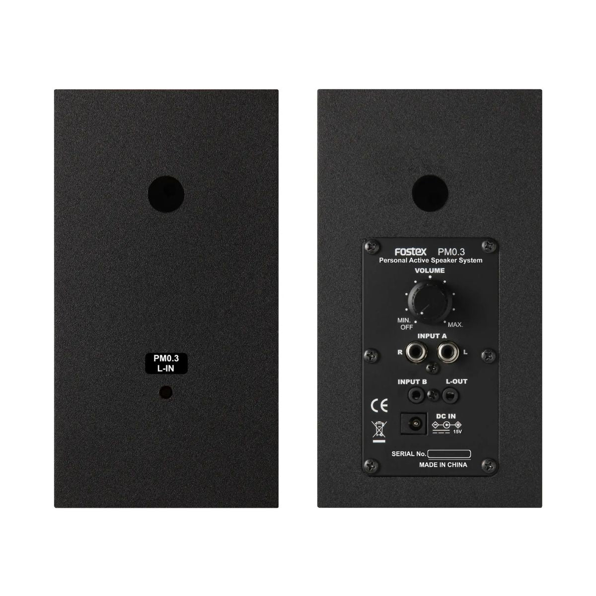 Rear view of Fostex PM0.3H-B 3" 2-Way 30W Active Speaker on white background