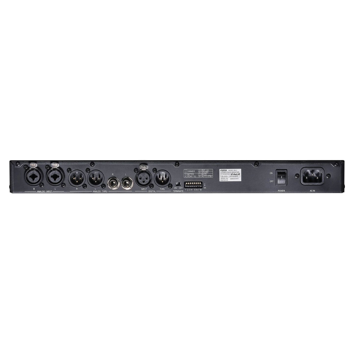Rear ports view of Fostex RM-3 Stereo Rack Monitor on white background