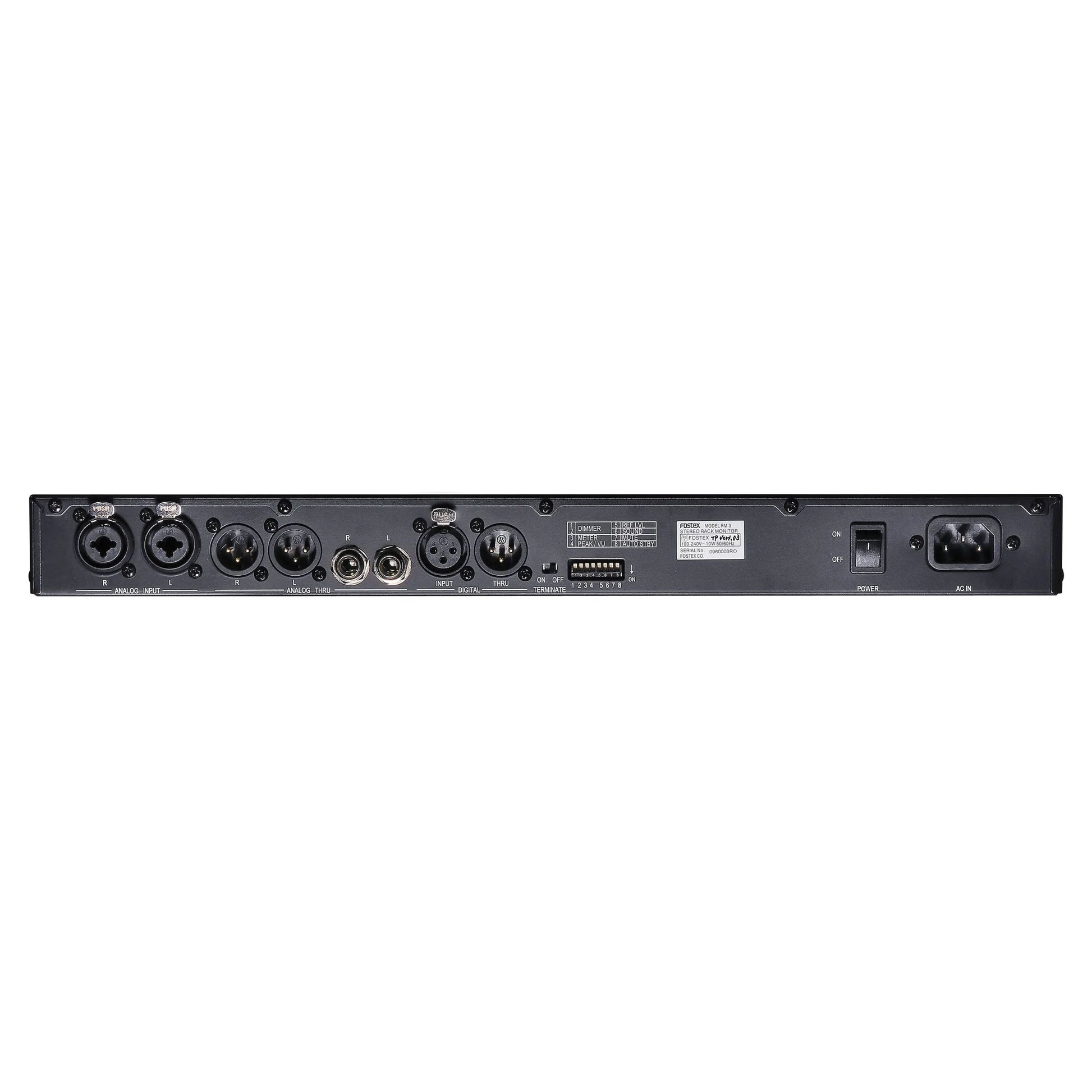 Rear ports view of Fostex RM-3 Stereo Rack Monitor on white background
