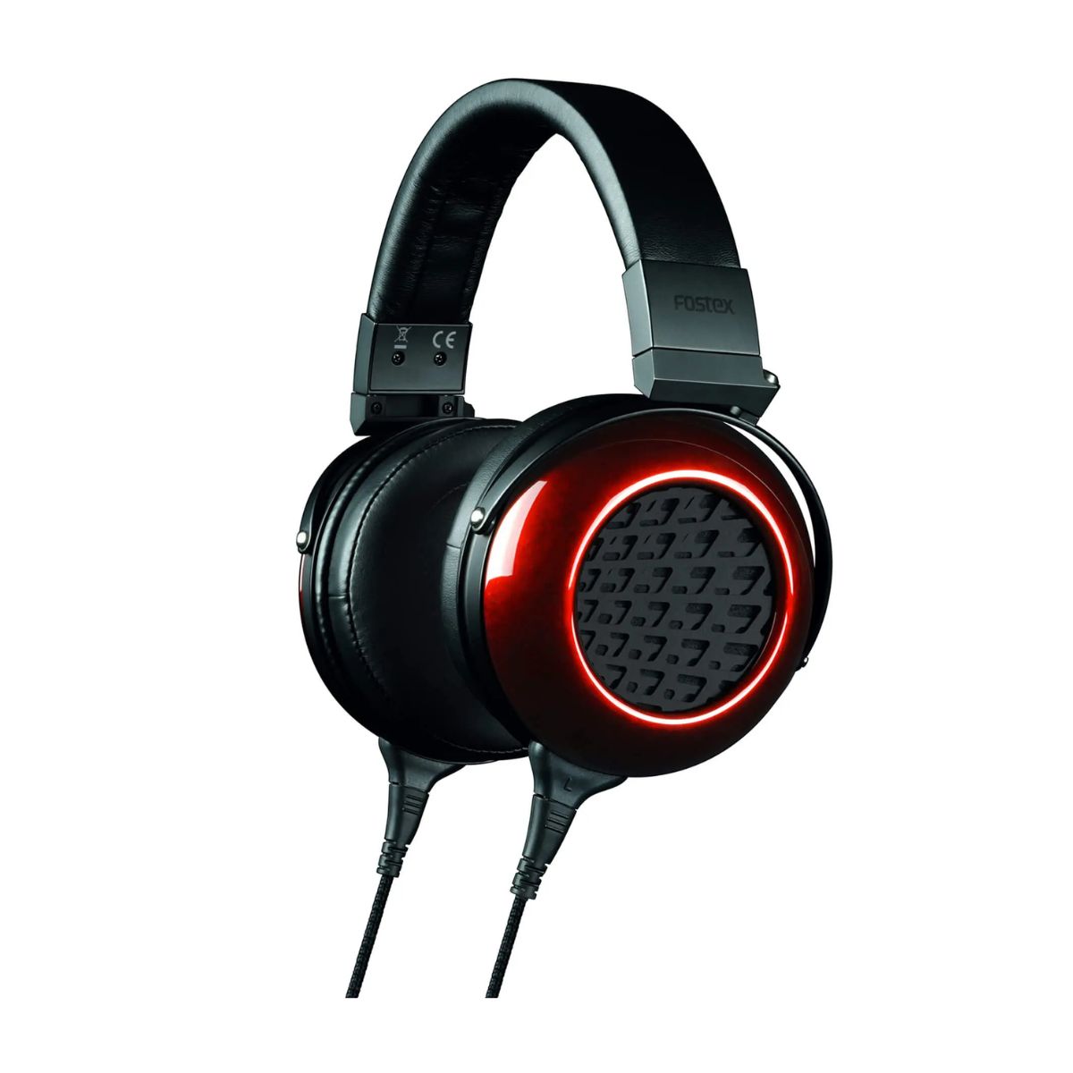 Angled front view of Fostex TH-909 Premium Open-Back Stereo Headphones w/ Headphone Stand on white background