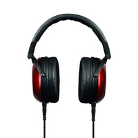 Front view of Fostex TH-909 Premium Open-Back Stereo Headphones w/ Headphone Stand on white background