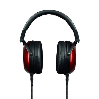 Front view of Fostex TH-909 Premium Open-Back Stereo Headphones w/ Headphone Stand on white background