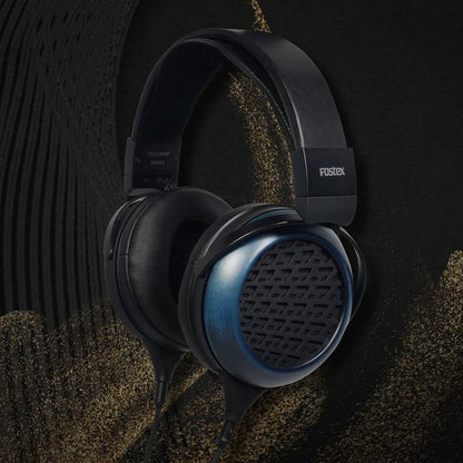 Angled view of Fostex TH1100RPmk2 Premium Headphones on black background with gold accents