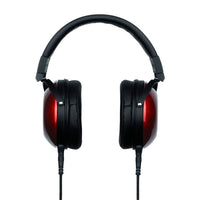 Front view of Fostex TH900mk2 Premium Headphones w/ Headphone Stand on white background