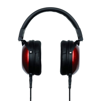 Front view of Fostex TH900mk2 Premium Headphones w/ Headphone Stand on white background
