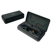 Closed and open lid views of charging case of Fostex TM2C Wireless Stereo Earphones on white background