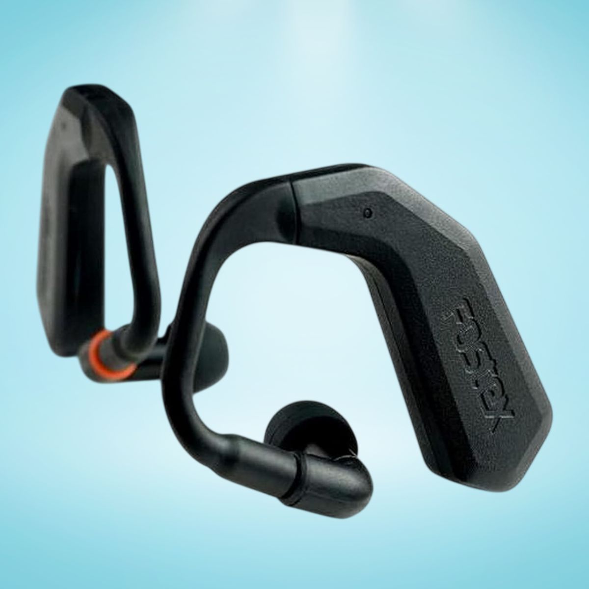 Angled view of Fostex TM2C Wireless Stereo Earphones on blue background