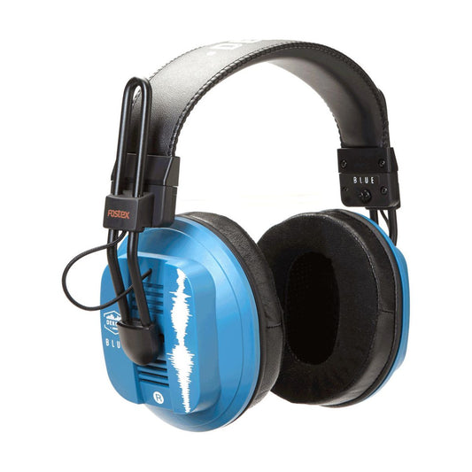 Angled front view of Fostex x Dekoni Audio Blue HiFi Audiophile Planar Magnetic Headphone on white background