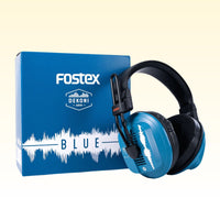 Angled front view of Fostex x Dekoni Audio Blue HiFi Audiophile Planar Magnetic Headphone with box on yellow background