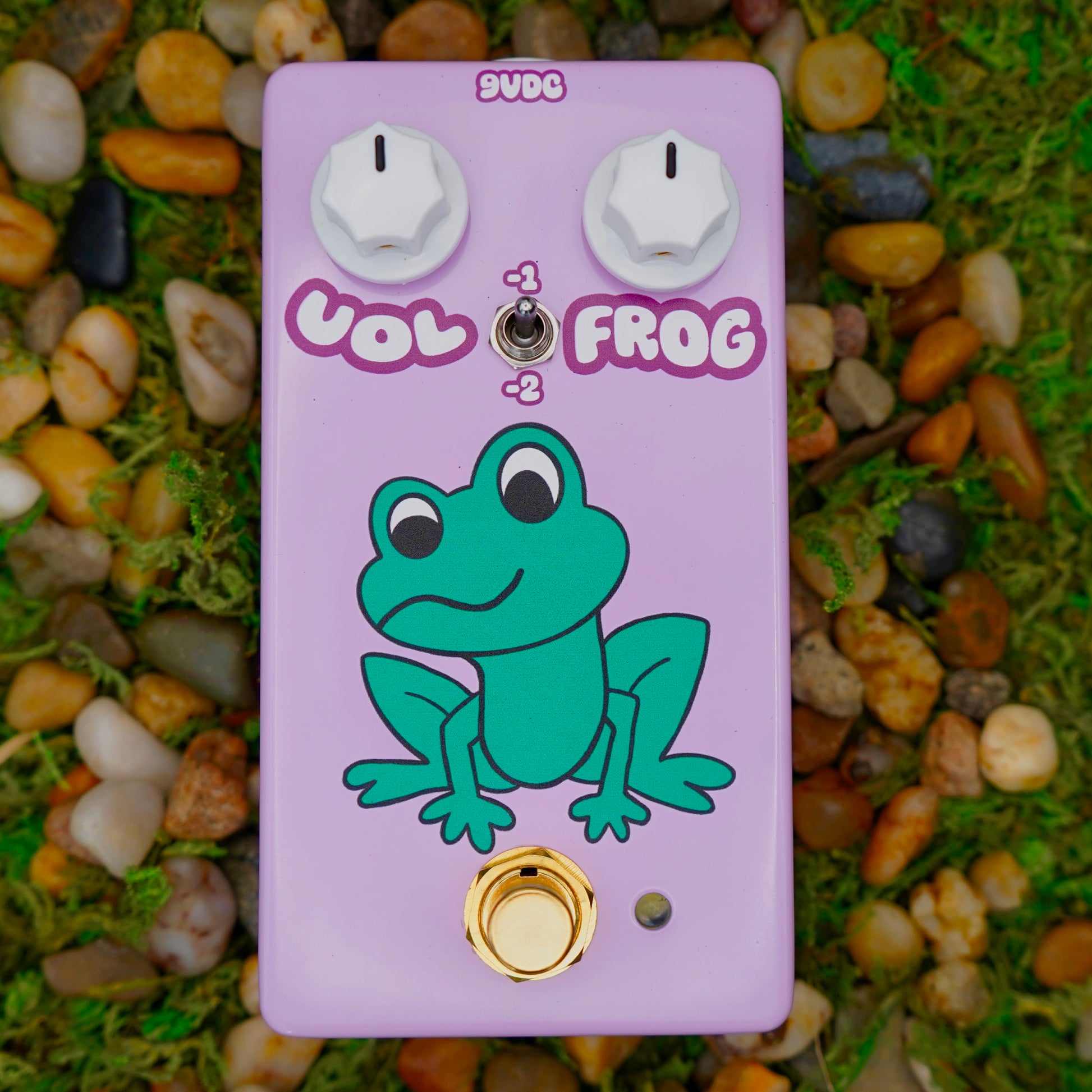 Front view of FruitFX Frog Monophonic Octave Down Pedal on pebbles and grass