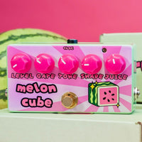 Front view of FruitFX Melon Cube Pedal on top of white surface with watermelon in the background and a pink wall