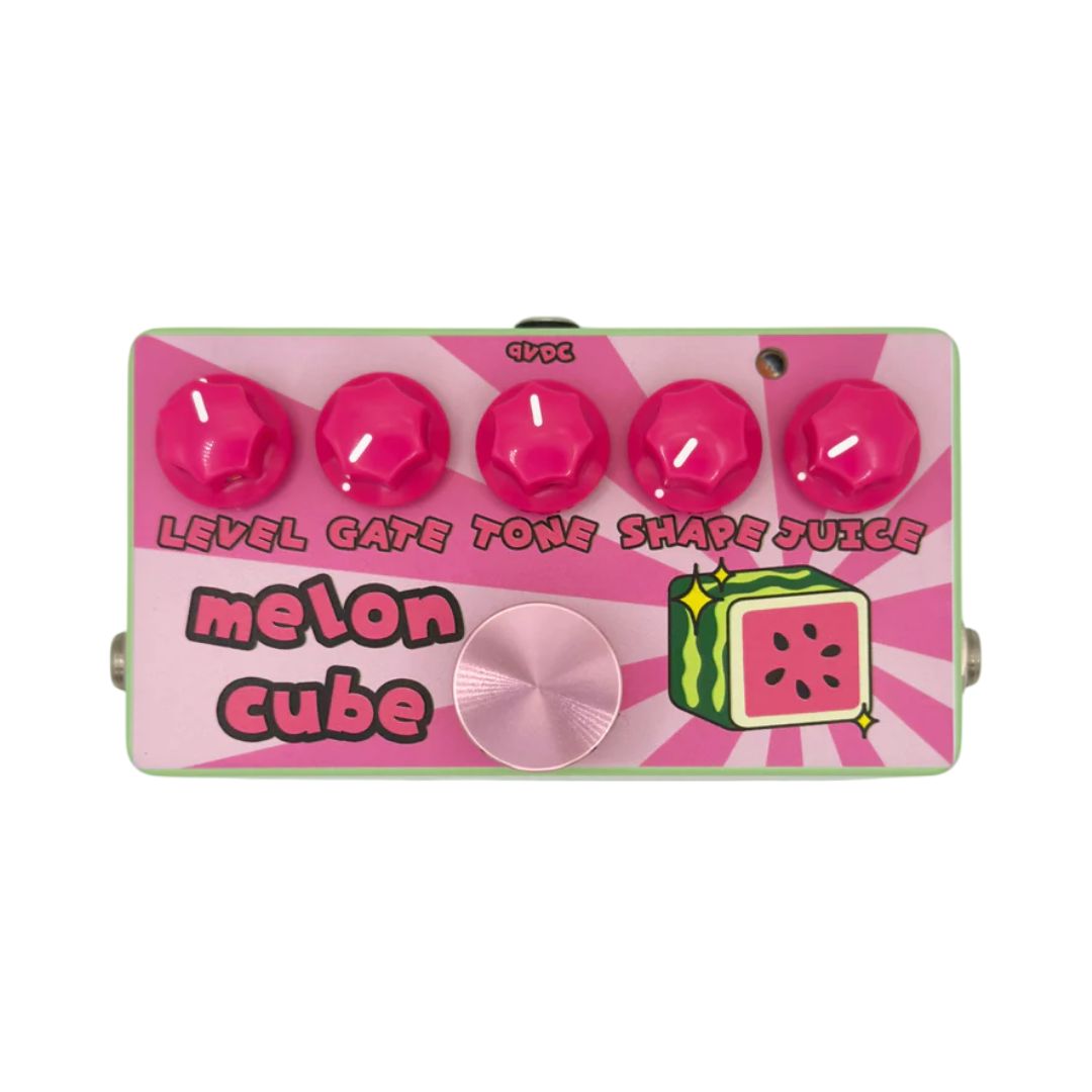 Front view of FruitFX Melon Cube Pedal with Pink Footswitch Topper on white background