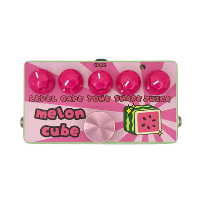 Front view of FruitFX Melon Cube Pedal with Pink Footswitch Topper on white background