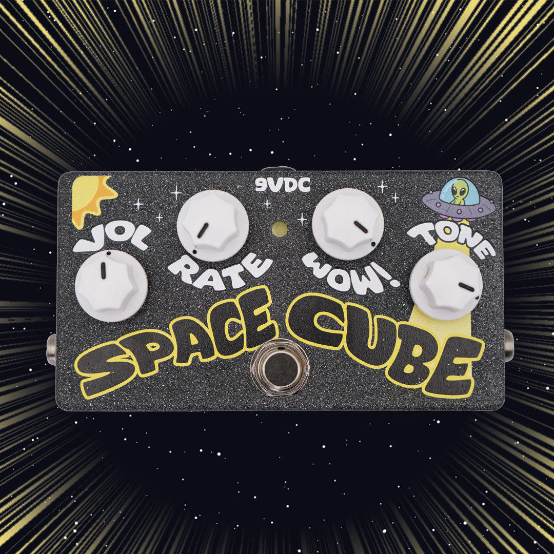 Front view of FruitFX Space Cube Pedal on space background